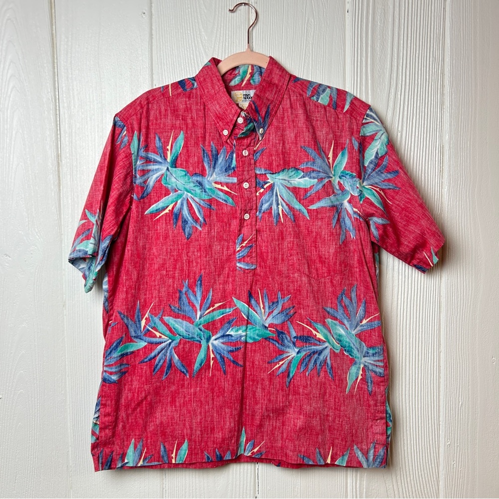 reyn spooner vintage Red Tropical Hawaiian Floral 1/4 Button-Down Shirt Size L